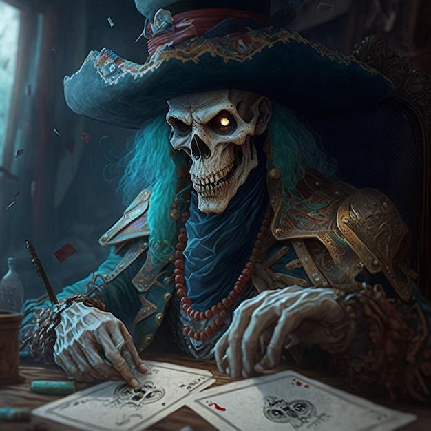 pirata com cabelo azul e chapéu sentado em uma mesa generativa ai