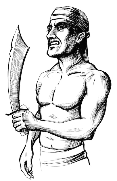 Pirata com um sabre. Desenho de tinta preto e branco