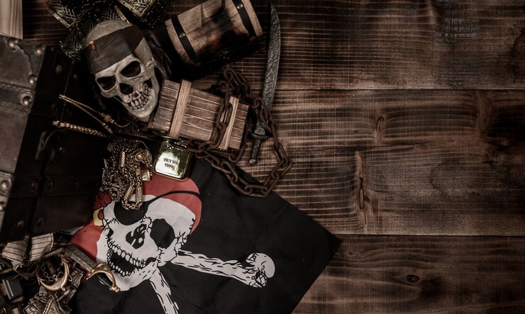 Pirata con cráneo humano. Cofre del tesoro y oro. Equipo de descubrimiento y explorador para desaparecer la fortuna.