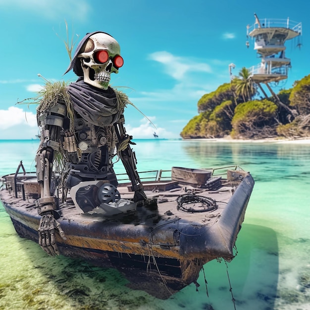 un pirata cyborg varado frente a una isla
