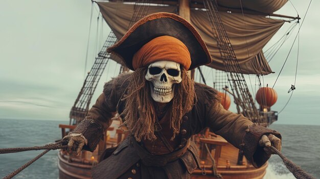 Pirata de abóbora em uma ponte de direção de navio navegando pelo oceano Generative ai