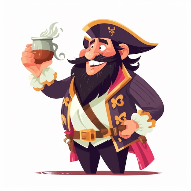 Foto pirata de dibujos animados con una taza de café y un bigote ai generativo