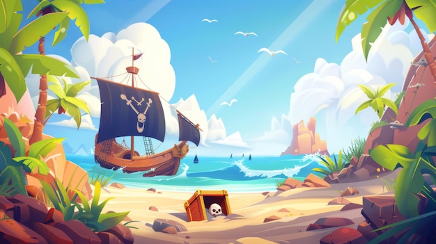Pirata enterra cofre do tesouro na praia da ilha Ilustração moderna de paisagem marinha com navio de madeira com crânio em velas pretas Ilha tropical e chapéu de capitan39 no buraco