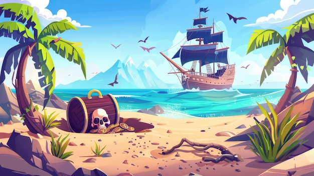 Pirata entierra un cofre del tesoro en la playa de la isla Ilustración moderna del paisaje marítimo con un barco de madera con cráneo en velas negras Isla tropical deshabitada y sombrero del capitán en el dugout