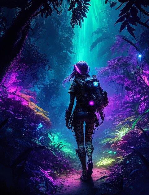 Un pirata espacial futurista caminando por una oscura jungla encantada