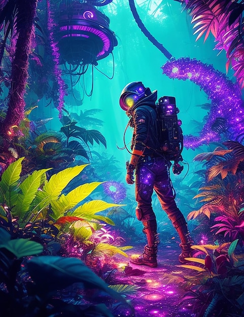 Un pirata espacial futurista caminando por una oscura jungla encantada