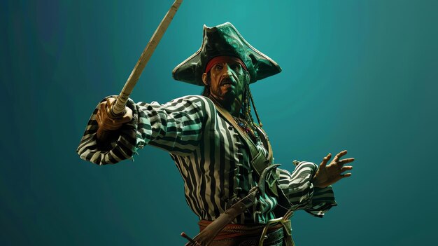 Foto un pirata con una espada está de pie en una habitación oscura lleva una camisa a rayas y un sombrero tiene una espada en la mano y está mirando a la cámara