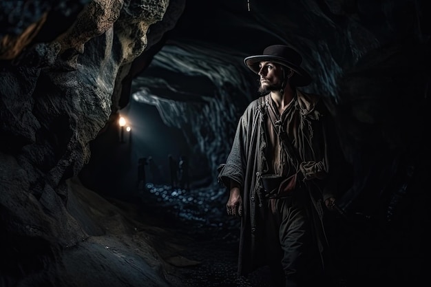 Pirata explorando una cueva oscura y misteriosa en busca de un tesoro escondido