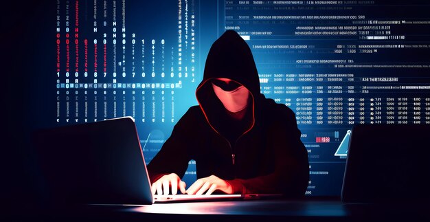 Pirata informático con capucha Concepto de cibercrimen cibernético de la web oscura Imagen generada por IA