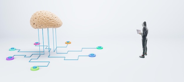 Pirata informático con capucha usando una computadora portátil con cerebro humano abstracto conectado a cables en un amplio fondo blanco Aprendizaje automático de piratería y concepto de ai