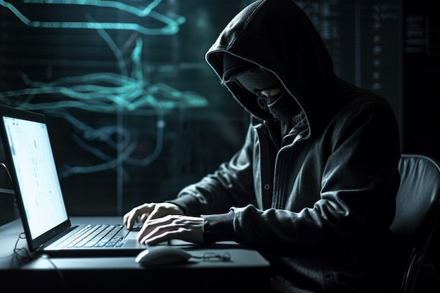 Pirata informático encapuchado que roba datos de la computadora portátil en la noche en cuarto oscuro