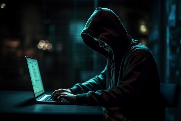 Pirata informático encapuchado que roba datos de la computadora portátil en la noche en cuarto oscuro