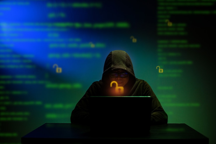 Foto el pirata informático encapuchó los servidores de datos del gobierno de información de piratería peligrosa y obtuvo la contraseña para insertar su virus en el sistema. desbloquee y analice los datos personales y el software.