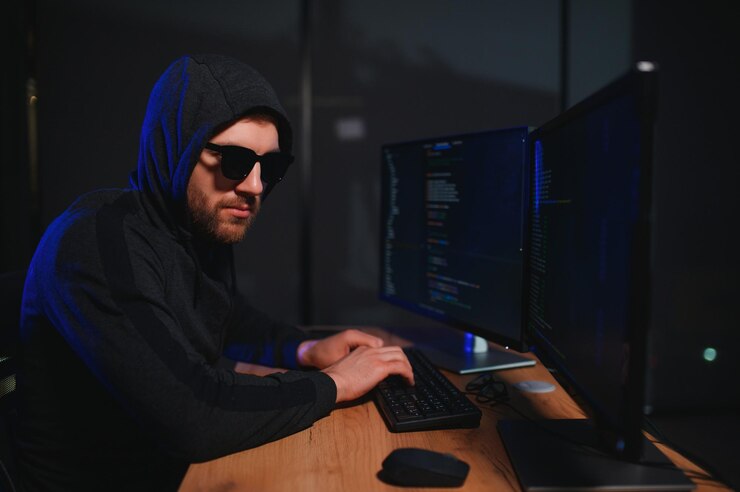 Foto el pirata informático está hackeando la red informática del crimen informático