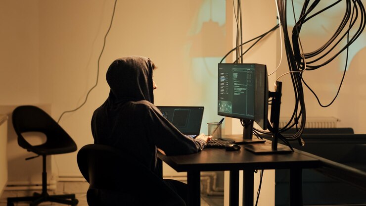 Foto pirata informático profesional que utiliza un sistema de pc en línea para acceder a información confidencial. ladrón que hace phishing y usa virus troyanos para plantar malware informático o brecha de seguridad, web dos. disparo de trípode.