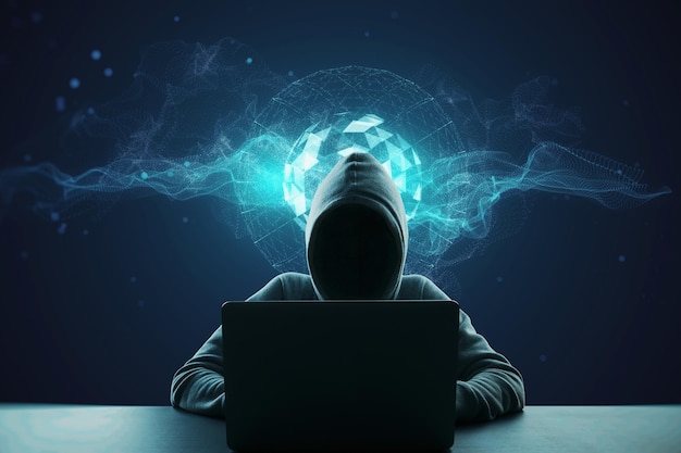 Pirata informático que usa una computadora portátil en el escritorio con holograma de metaverso brillante creativo sobre fondo azul Robo de datos de piratería mundial digital y concepto futuro