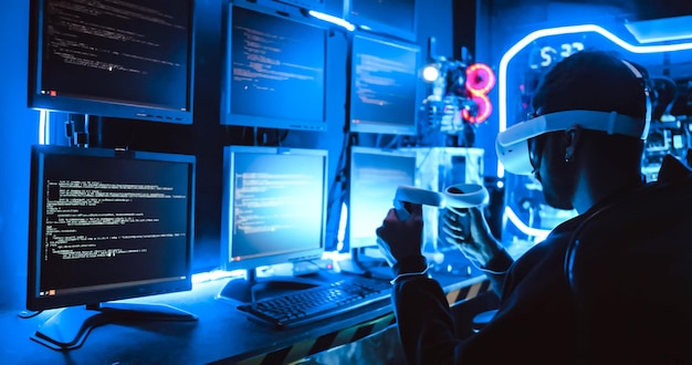 Un pirata informático que usa gafas de realidad virtual está usando una computadora para piratear datos y obtener un rescate de las víctimas