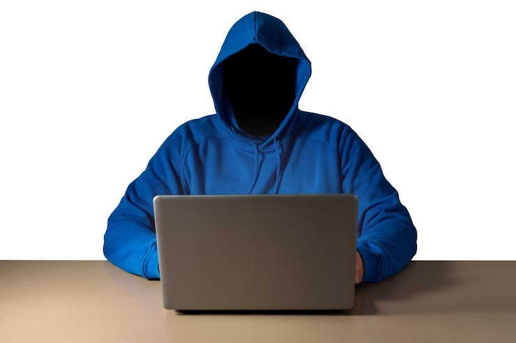 Foto un pirata informático roba datos de una computadora portátil