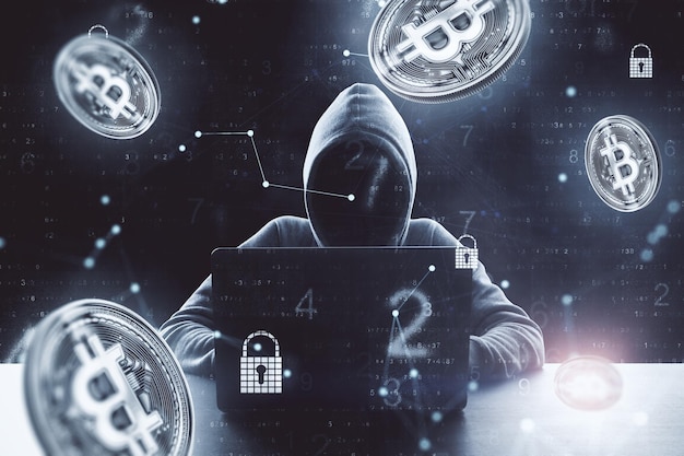 Pirata informático trabajando en una computadora portátil con un icono de bitcoin volador