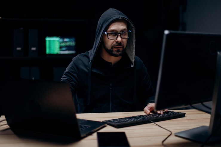 Foto pirata informático trabajando en computadora