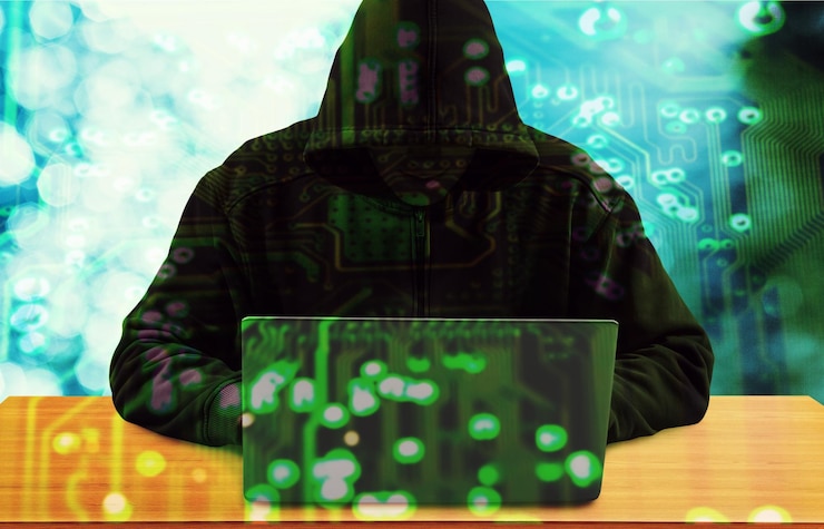 Foto pirata informático usando una computadora portátil. hackear internet.