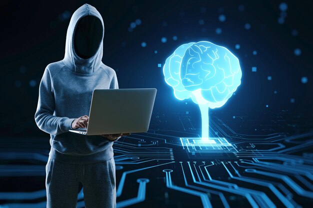 Pirata informático usando computadora portátil con holograma Diseño futurista de cerebro de inteligencia artificial con placa de circuito Proceso de aprendizaje y concepto de resolución de problemas Fondo de tecnología digital abstracto