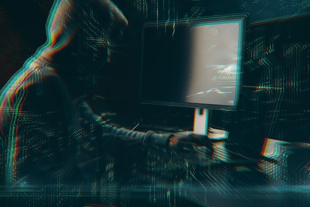 Pirata informático usando computadora