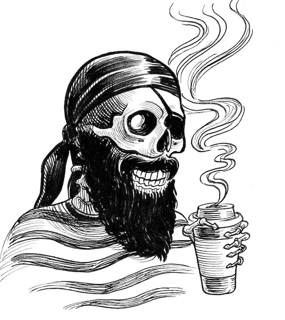 Pirata muerto bebiendo una taza de café