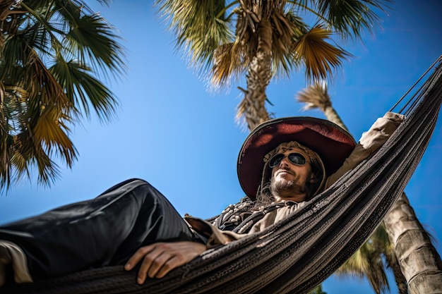 Pirata relaxando na rede sob palmeiras e céu azul