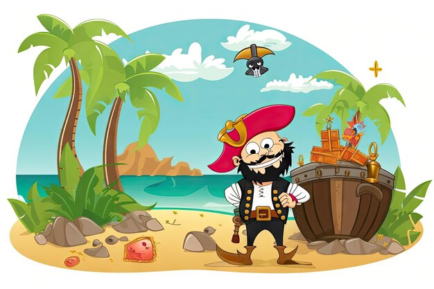 Foto pirata rodeado de tesoros y mapas en la isla paradisíaca