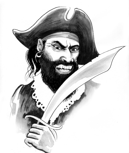 Pirata con sable. Dibujo a tinta en blanco y negro