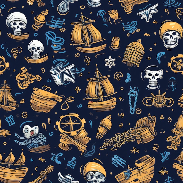 Piratas, navio pirata, âncora, baú, crânio, mapa tesouro, chapéu pirata, padrão sem costura