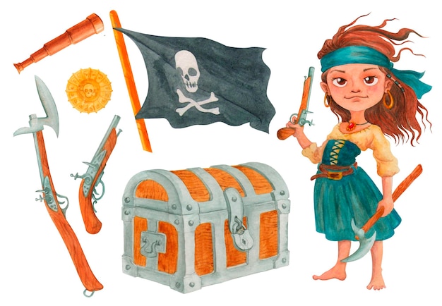 Piraten-Cartoon-Spielobjekt-Set enthält barfüßiges Piratenmädchen, schwarze Flagge, Schatztruhe, Fernglas, Axt, Pistole, Münze, isolierte Aquarell-Illustration für die Gestaltung von Karten, Postern, T-Shirt-Druck