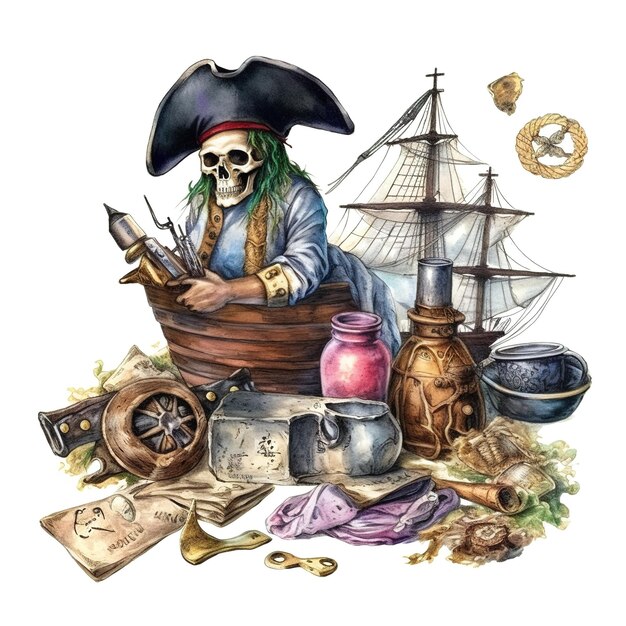 Foto piratenartikel mit gemalten illustrationen und clip-art-set