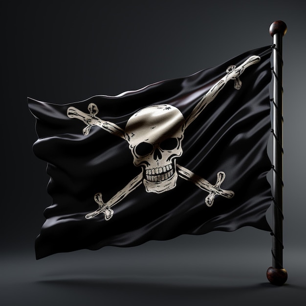 Foto piratenflagge mit schädel und gekreuzten knochen auf schwarzem hintergrund generative ai