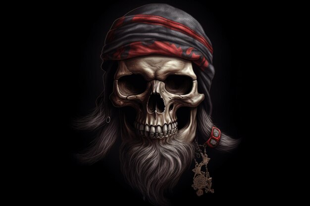 Piratenkapitänenschädel mit Kopfband schwarzer Hintergrund Fantasy-Konzept Generative KI