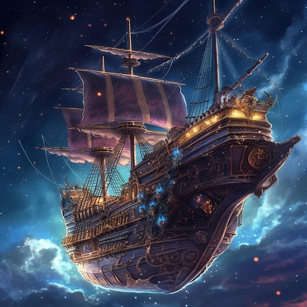 Piratenschiff am Himmel mit Sternen und Wolken generative ai