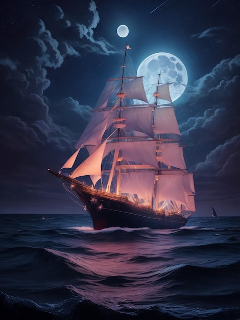 Piratenschiff auf dem Ozean mit Vollmond im Hintergrund Altes Segelschiff im Meer Expeditionsschiff Trav