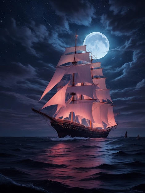 Piratenschiff auf dem Ozean mit Vollmond im Hintergrund Altes Segelschiff im Meer Expeditionsschiff Trav