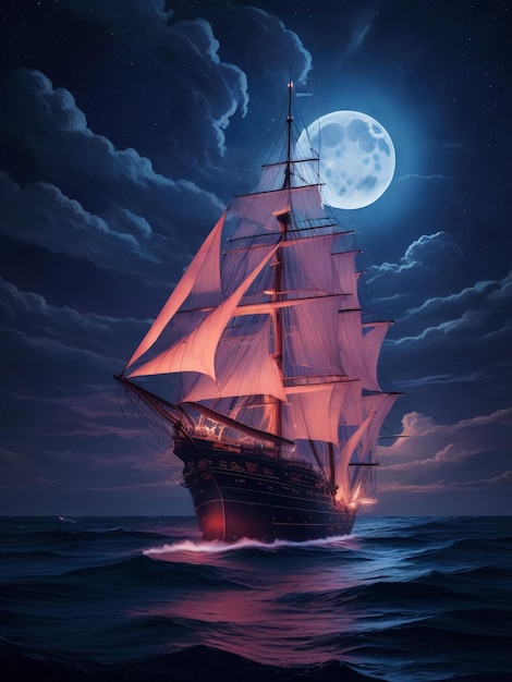 Piratenschiff auf dem Ozean mit Vollmond im Hintergrund Altes Segelschiff im Meer Expeditionsschiff Trav