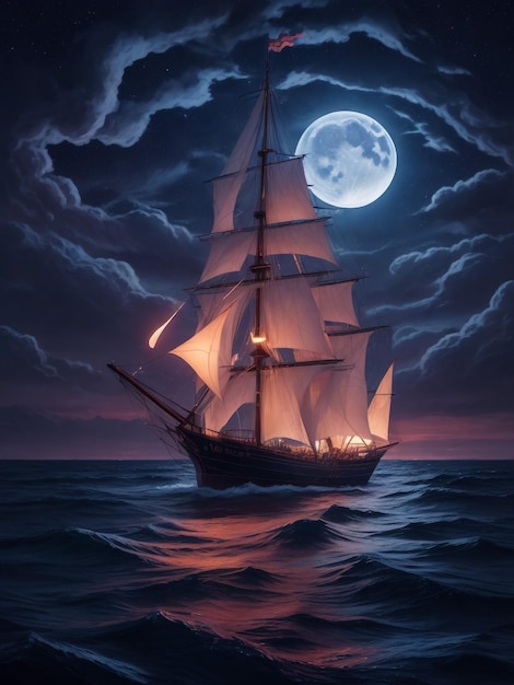 Piratenschiff auf dem Ozean mit Vollmond im Hintergrund Altes Segelschiff im Meer Expeditionsschiff Trav