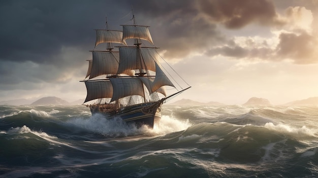 Piratenschiff in stürmischer Seegenerative ai