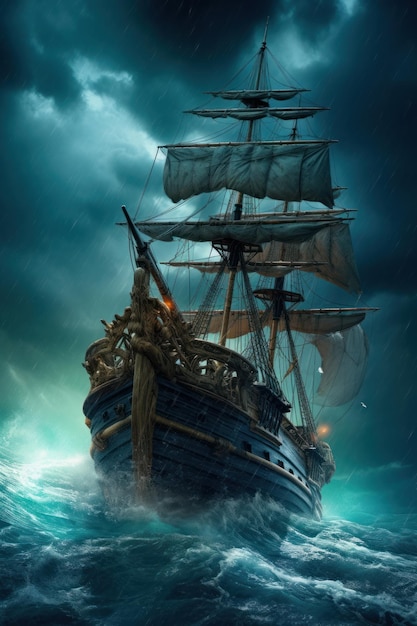 Piratenschiff liegt während eines schweren Sturms im Meer, dramatischer Himmel. Wunderschönes Illustrationsbild