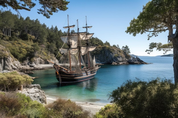 Piratenschiff nähert sich versteckter Bucht mit Blick auf ruhiges Wasser und Küstenlinie, die mit generativer KI erstellt wurde