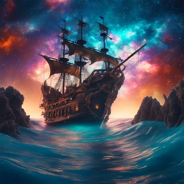 Piratenschiff steckt in einem kosmischen Mahlstromnebel-Aquarium fest, gerendert in Cosmic Beach Whirpool Engine