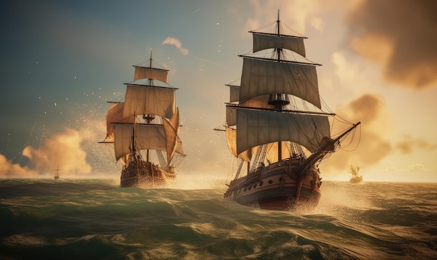 Piratenschiffe kämpfen im rauen Meer. Erstellen mit generativen KI-Tools