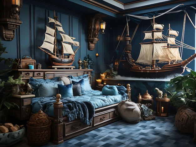Foto piratenzimmer jungen mit piraten-schiff-bett-schatzkiste piraten-illustration trend-hintergrunddekor.