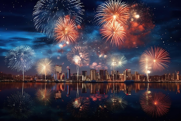 pirotecnia y fuegos artificiales en el fondo de la ciudad con el cielo de la ciudad