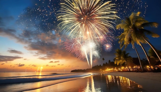 pirotecnia y fuegos artificiales en el fondo de la playa