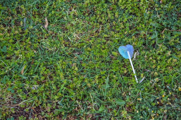 Una piruleta azul o un caramelo caído en el suelo de césped de un parque infantil